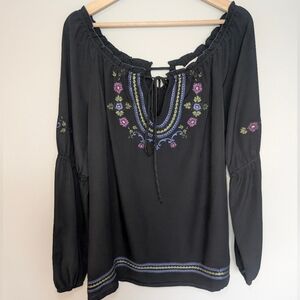 Cache Black Embroidered Peasant Blouse with Purple & Blue Floral Accents